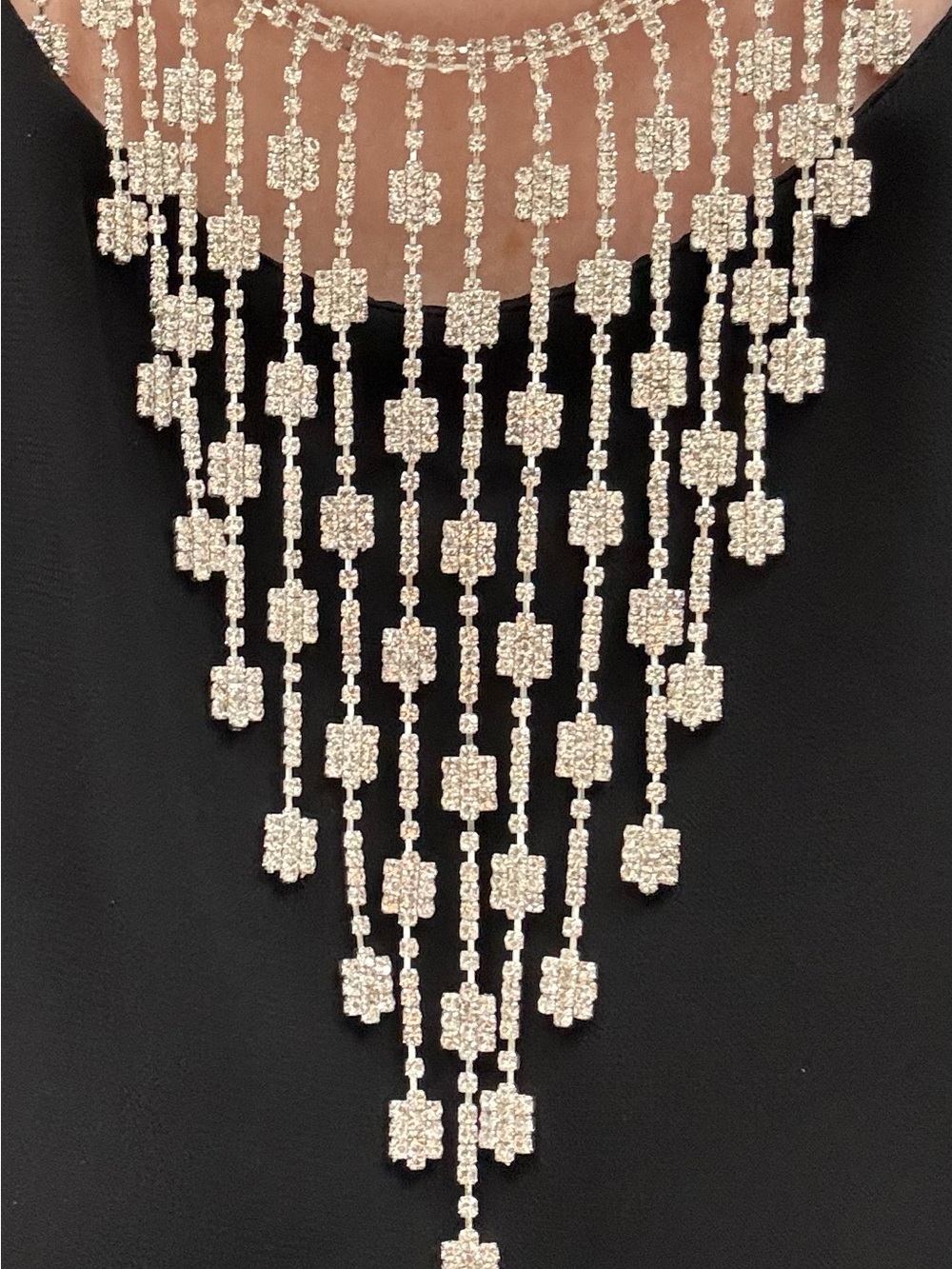 Silver Crystal Fringe Bib Necklace - Statement Evening Jewelry